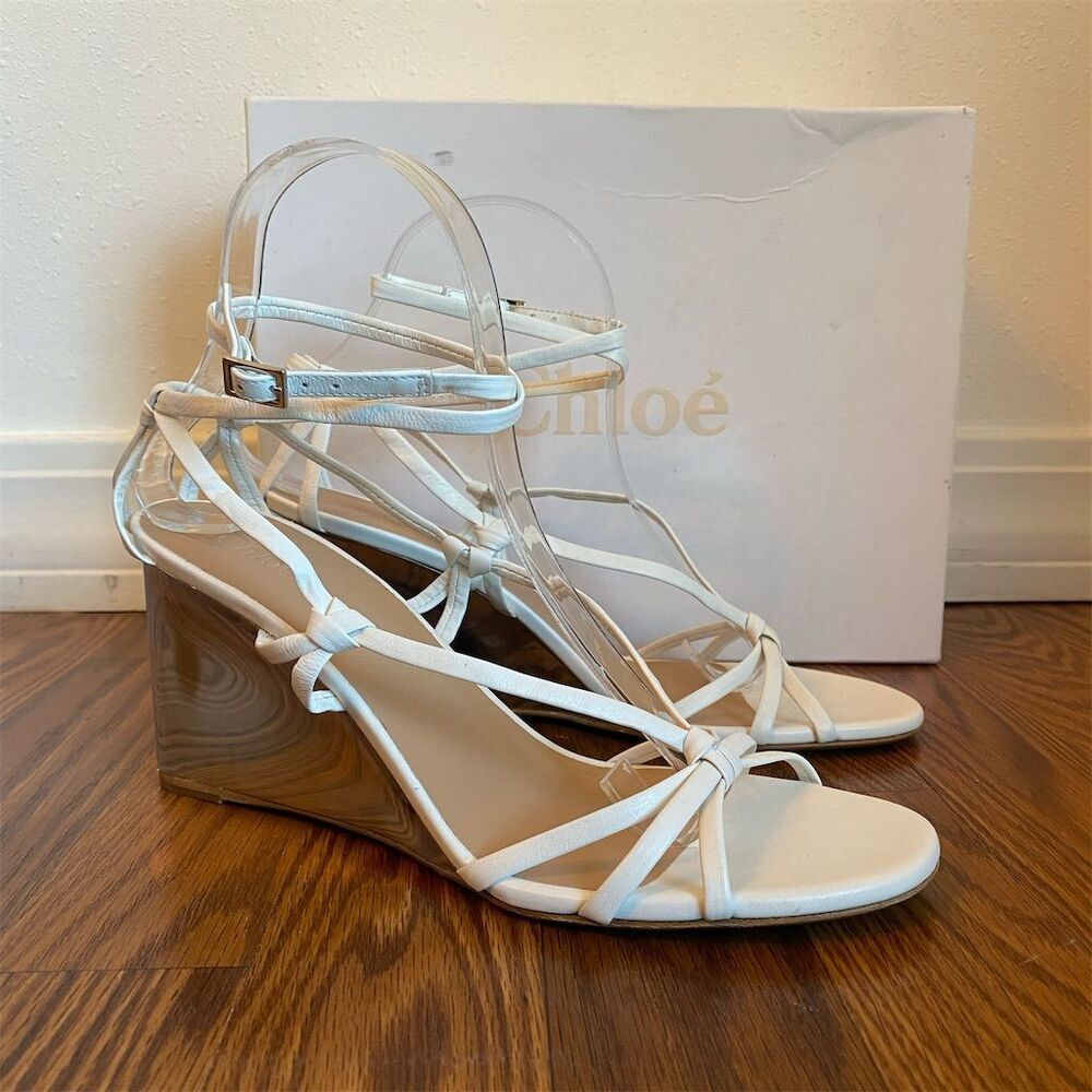 Chloé Women's‎ Rebecca White Strappy Wedge Sandals Size 38.5/8.5 Braided Accents